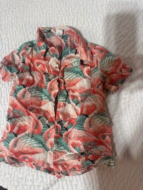 Old Navy Pink Coral Flamingo Print Short Sleeve Polo